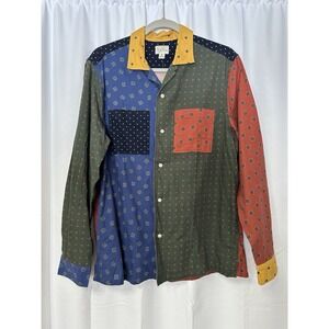 J Crew Shirt Men M Blue Green Cotton Wool Blend Challis Patchwork Paisley Button